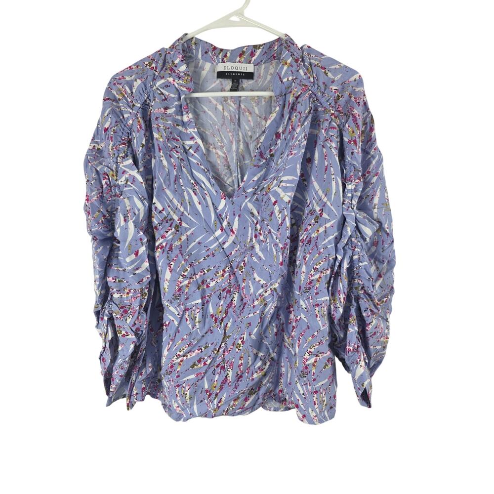 Eloquii Rouched Sleeve Blouse 18 Womens‎ Plus Size V Neck Blue Cottage Core